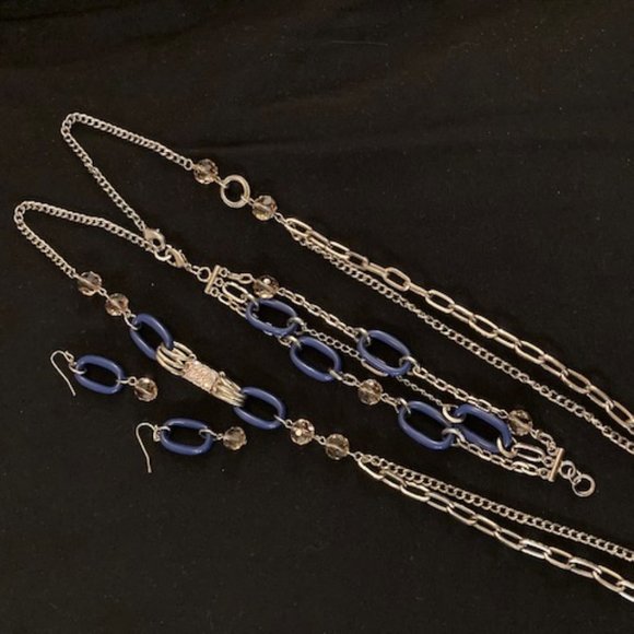 Nautical Blue Light Gold Tone Double Chain Necklace Earrings & Bracelet Set - Picture 2 of 6